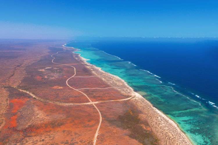 Aerial view of Cape Range National park and the Ningaloo Marine Park, Exmouth, Western Australia